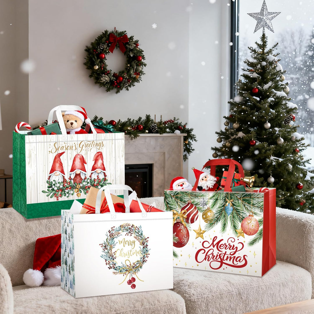 DECHISY 6 Stück Weihnachtstüten Gross, Geschenktüten Weihnachten mit Griffen, Non Woven Weihnachtsge