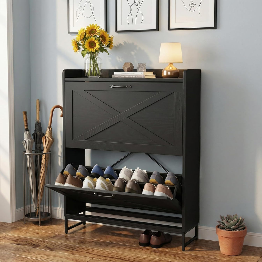 VOWNER schmal Schuhschrank 2 Klappen, verstellbar Schuhregal Schuhkipper, platzsparend Schuhablage f