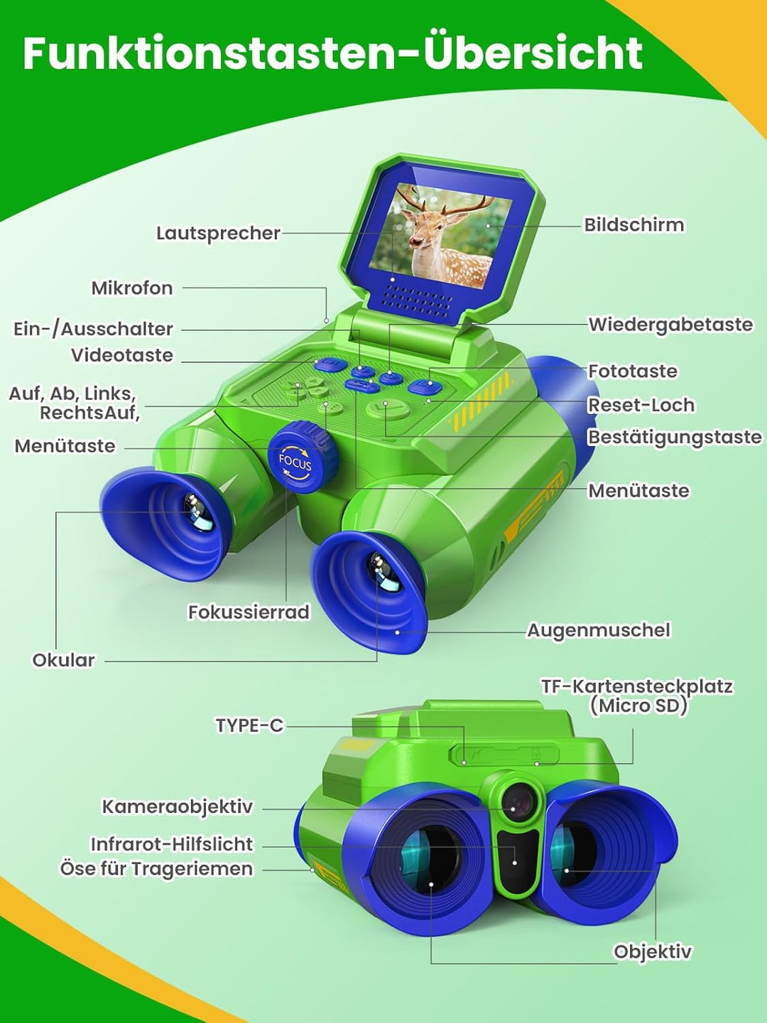 Acoath Fernglas für Kinder, 10-facher Optischer Zoom mit Nachtsich, Kamera mit Foto- & Videofunktion