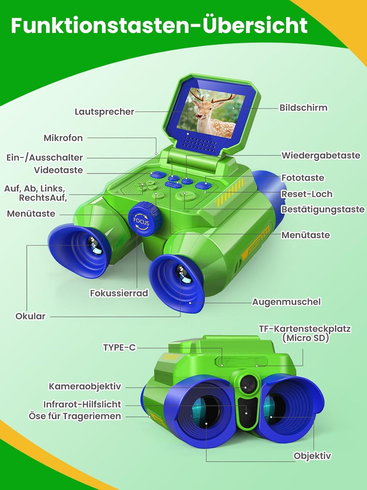 Acoath Fernglas für Kinder, 10-facher Optischer Zoom mit Nachtsich, Kamera mit Foto- & Videofunktion