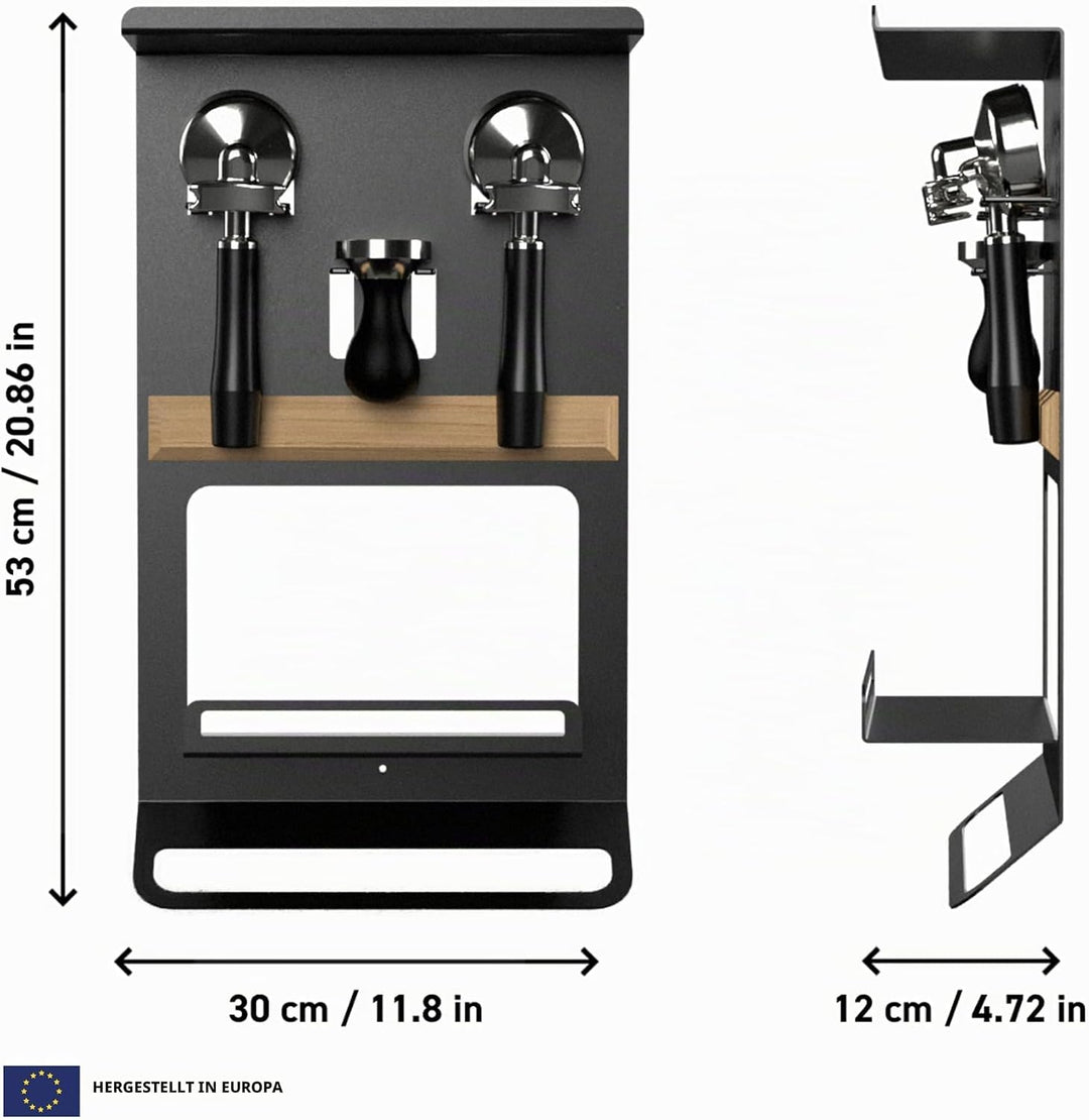 FLATE Barista Regal für Siebträger, Tamper und Barista Zubehör in schwarz (Wandhalterung für Kaffeez