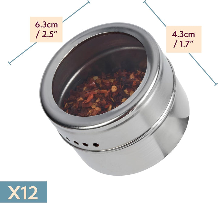 Oak & Steel – 12 Magnetische Edelstahl-Gewürzdosen (100ml, Silber) – 2-in-1 Gewürzbehälter mit Decke