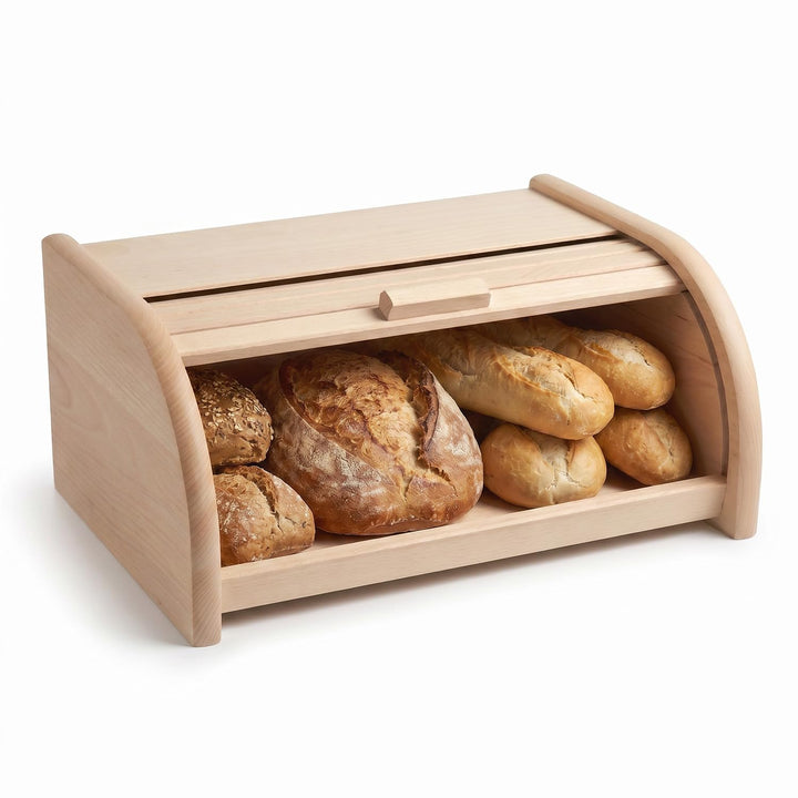 Brotkasten Holz XL mit grosser Öffnung und Rolltop - Brotbox aus Buchenholz für lang anhaltende Fris