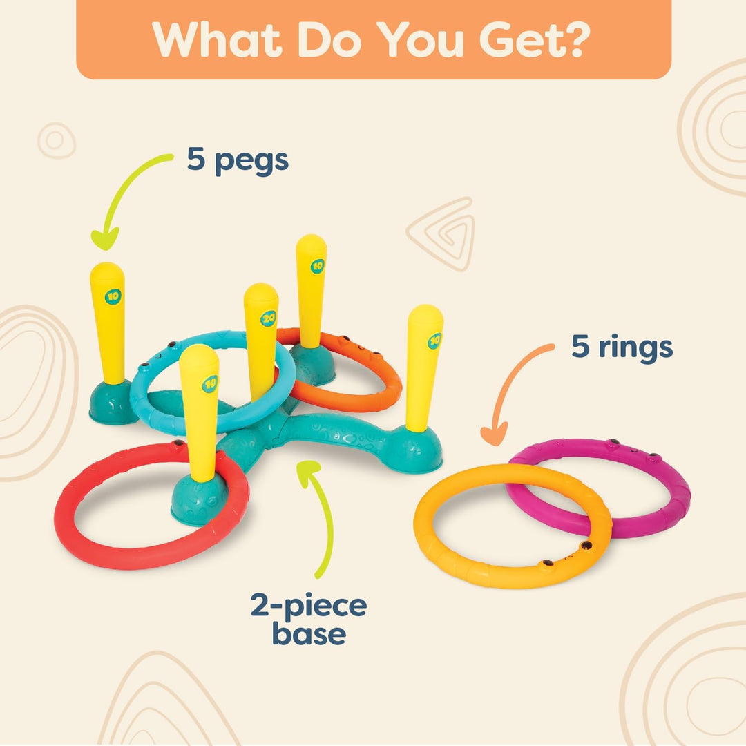 B. toys - Sling-A-Ring-Wurf - Ringwurfspiel - Drinnen und Aussen - Spiele für Kinder - 5 Stifte & 5