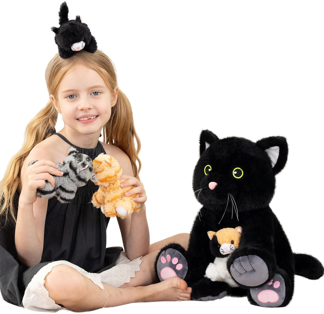MorisMos 5 stücke Plüsch Katzen, 40cm hoch riesen schwarz Katze Kuscheltier XXL mit Kätzchen Baby im