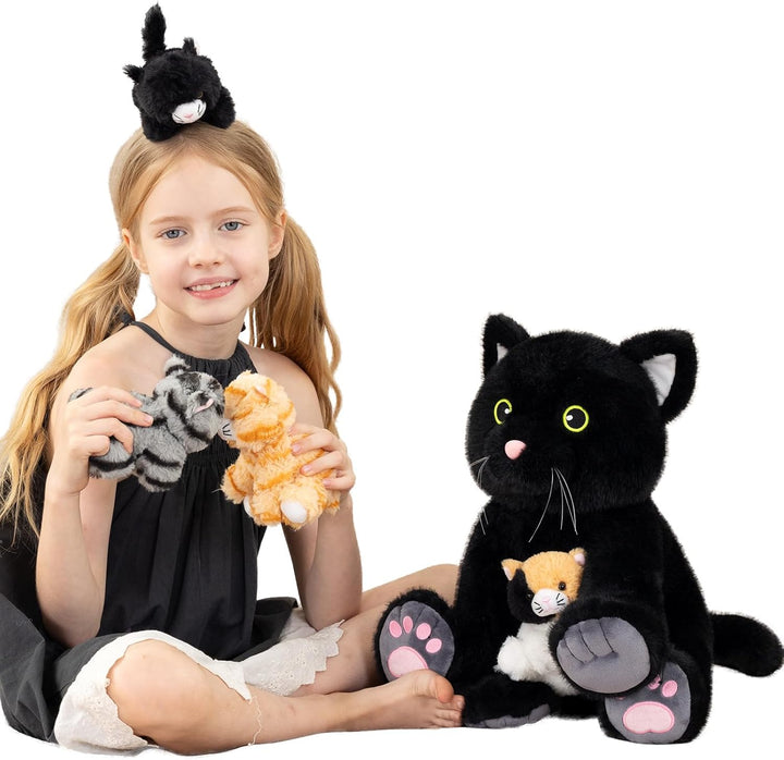 MorisMos 5 stücke Plüsch Katzen, 40cm hoch riesen schwarz Katze Kuscheltier XXL mit Kätzchen Baby im