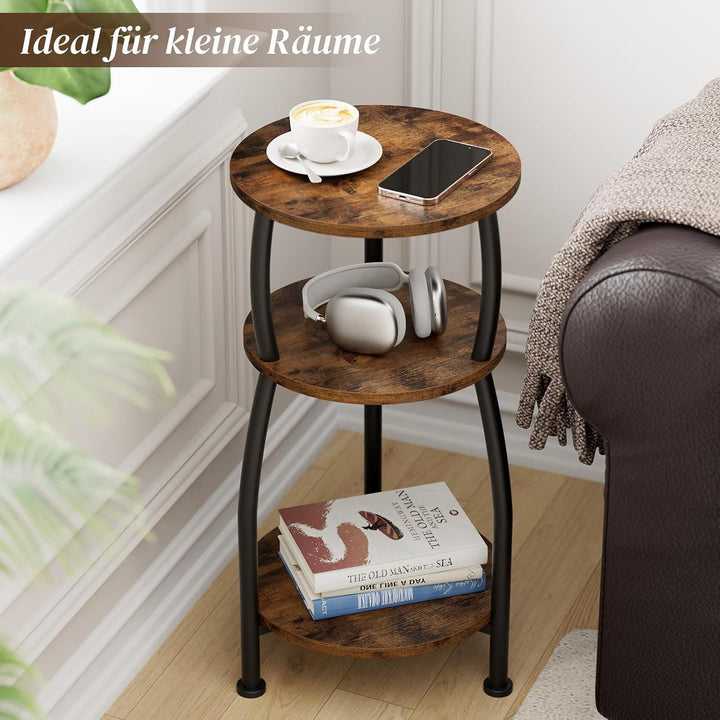 Beistelltisch rund, Kleiner Runder Tisch 3 Ebenen, Couchtisch klein mit Aufbewahrung, Nachttisch, Ka