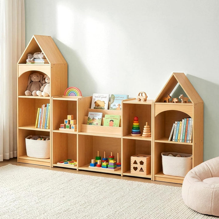 OOOK Kinder Bücherregal Holz, 4 Etagen Spielzeug Regal in Hausform | Kinder Regal, Bücherregal Kinde