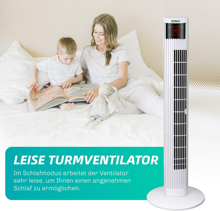 OZAVO Turmventilator mit Fernbedienung | Touchscreen | 3 Stufen | 3 Modi | 12h Timer | 70° Osziliere