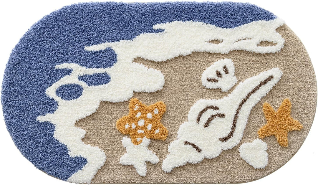 DEXI Ovale Badezimmerteppich 54 x 86 cm, Badematte rutschfest Absorbierende mit Seestern-Strand Must