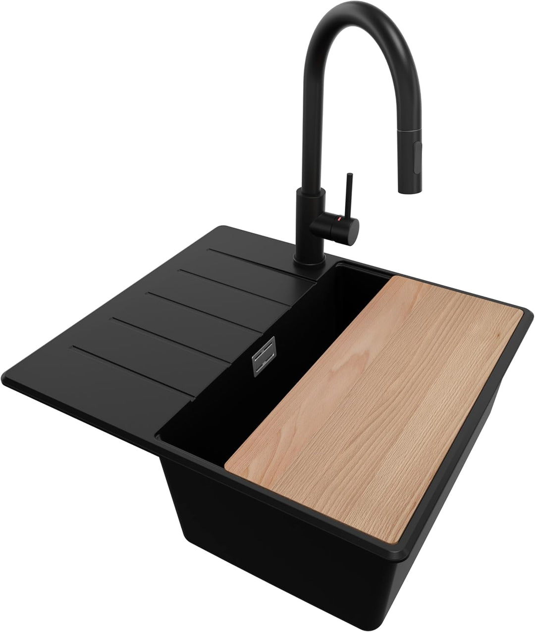 Granitspüle Schwarz 55x50cm, Spülbecken 1 Becken + Ablauf-Set + Küchenarmatur + Schneidebrett, Küche