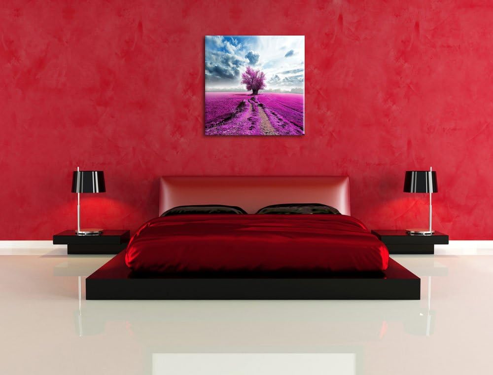 Pixxprint Pinkes Feld mit pinkem Baum / 70x70cm Leinwandbild bespannt auf Holzrahmen/Wandbild Kunstd