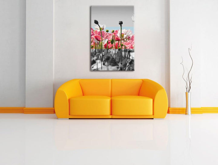 Pixxprint Blumenwiese Mohnblumen schwarz/weiss, Format: 70x100 auf hochkantiges Leinwand, 70x100