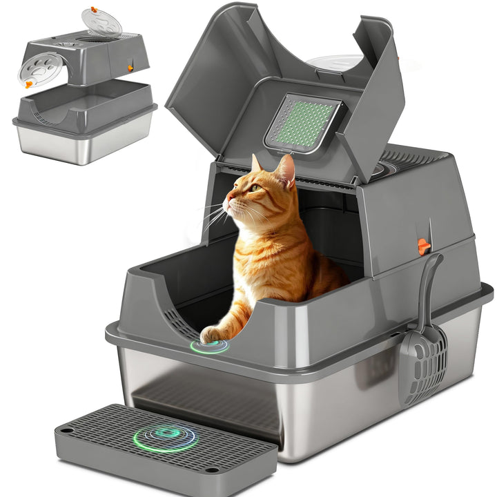 Katzenklo Edelstahl mit Deckel, XL Katzentoilette Geschlossen mit Schaufel, Zwei-Tür-Konfiguration,