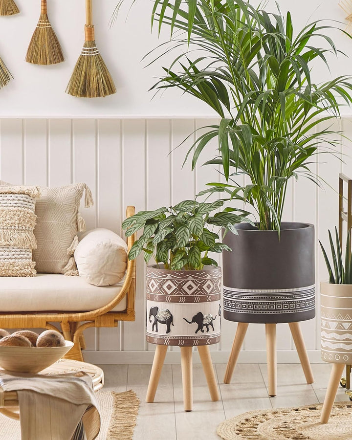 Runder Blumenbehälter in Hellbraun 3 Holzbeinen Elefantenmotiv ⌀ 25 cm Achilio