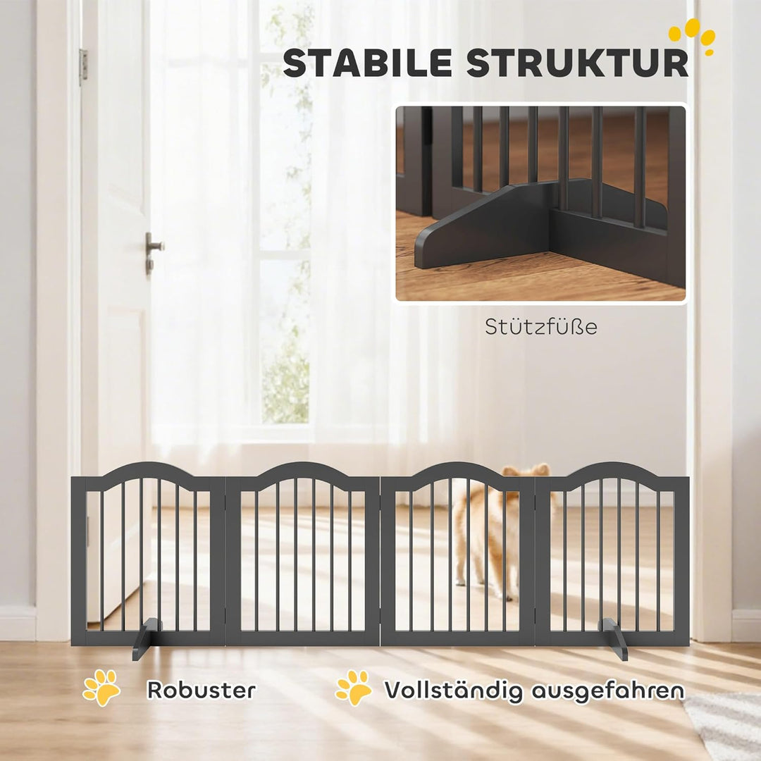 PawHut Absperrgitter Hund 4-teilig, 208 x 61 cm Faltbar Hundegitter mit Tür, Türschutzgitter mit 2 S