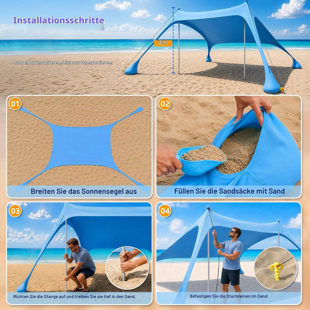 Strandzelt mit Strandmatte, LSF 50+ Hochschutz, 2x2x2m, Himmelblau | inkl. Sandanker, Alu-Stangen &amp;