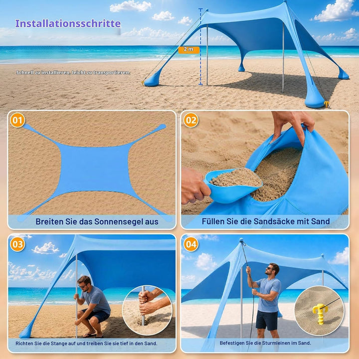 Strandzelt mit Strandmatte, LSF 50+ Hochschutz, 2x2x2m, Himmelblau | inkl. Sandanker, Alu-Stangen &amp;
