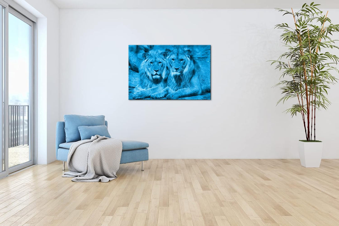 deyoli Atemberaubende Löwen Format 80x60 Effekt: Monocrome Blau als Leinwandbild, Motiv fertig gerah