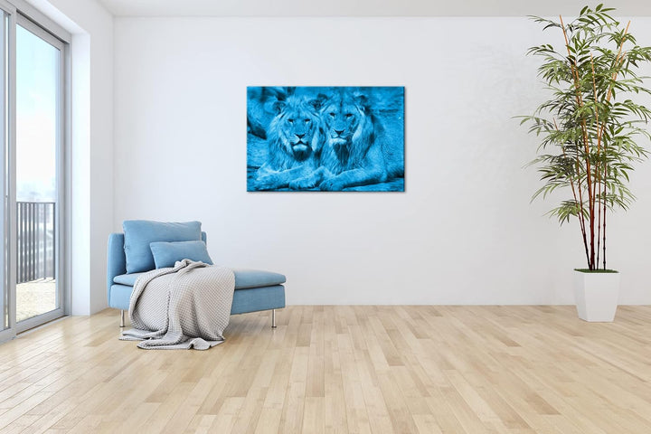deyoli Atemberaubende Löwen Format 80x60 Effekt: Monocrome Blau als Leinwandbild, Motiv fertig gerah