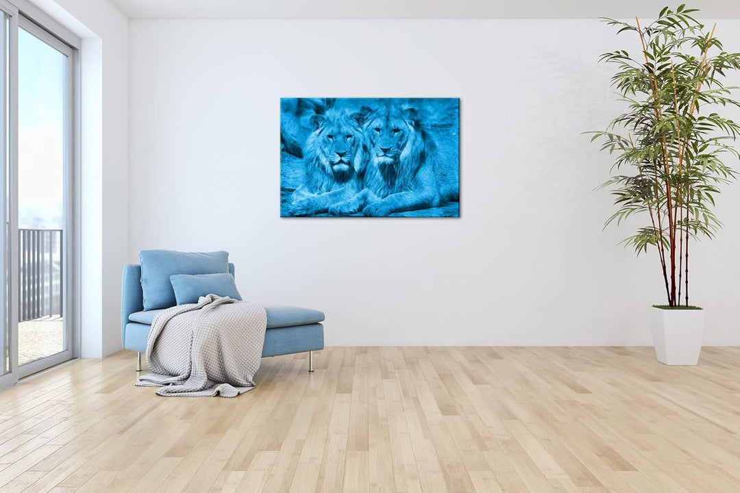 deyoli Atemberaubende Löwen Format 100x70 Effekt: Monocrome Blau als Leinwandbild, Motiv fertig gera