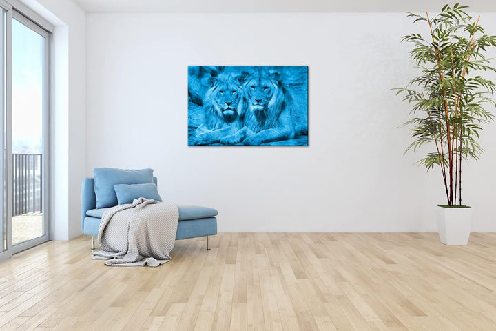 deyoli Atemberaubende Löwen Format 100x70 Effekt: Monocrome Blau als Leinwandbild, Motiv fertig gera