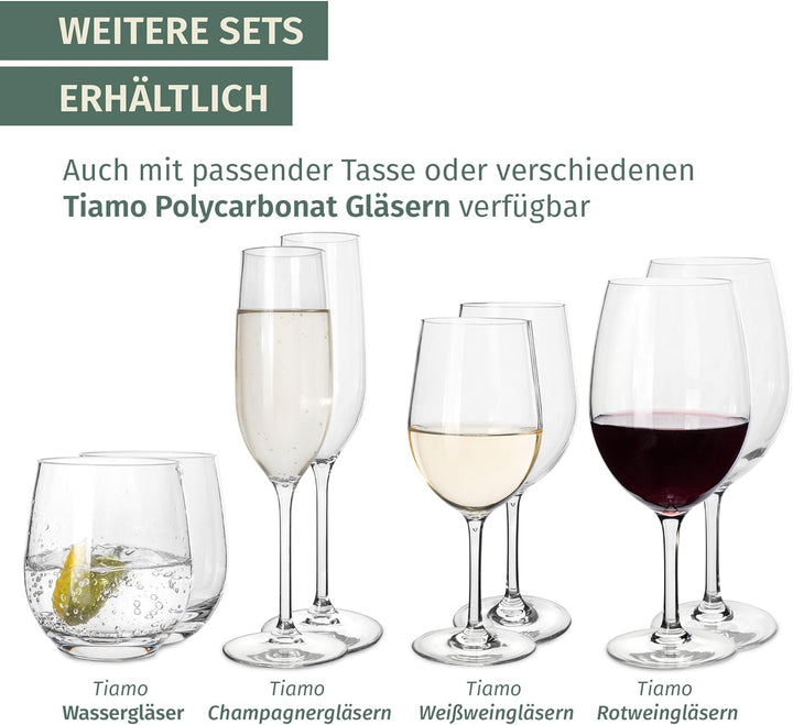 Melamin Camping Geschirr Set 4 Personen Stone Curry + 4 Timo Champgner Gläser Flûtes Tafelgeschirr P