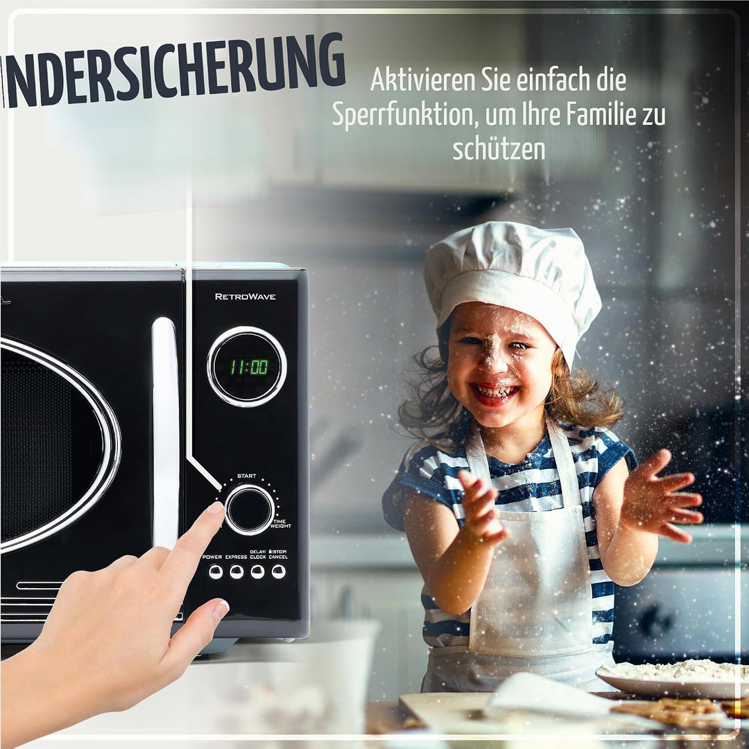 Nostalgia Retro Mikrowellenofen für die Arbeitsplatte – Grosses 800-Watt-Modell – 25 Liter – 12 vorp