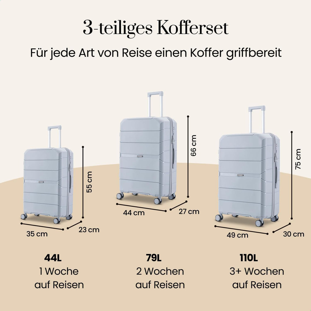 Urban Adventurer Kofferset 3-teilig 232L – Hellgrau – Hartschalenkoffer mit Zahlenschloss & 4 Rollen