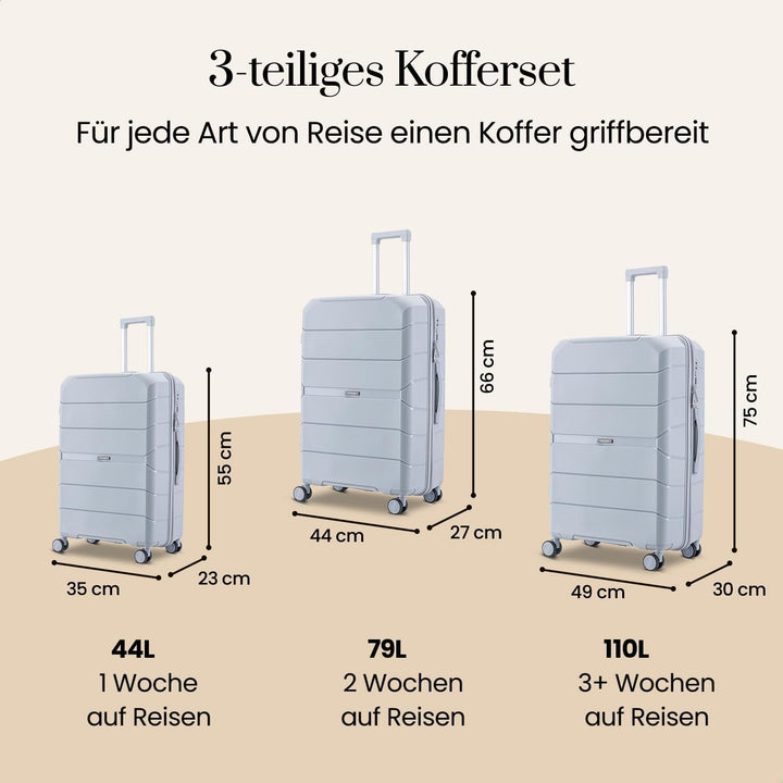 Urban Adventurer Kofferset 3-teilig 232L – Hellgrau – Hartschalenkoffer mit Zahlenschloss & 4 Rollen