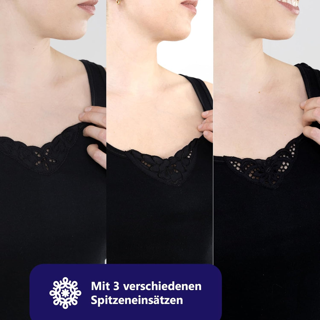 SES Top mit Spitze Damen 3er-Pack 34-52 aus 100% Baumwolle/Damen Unterhemden mit Spitze & weicher Fe