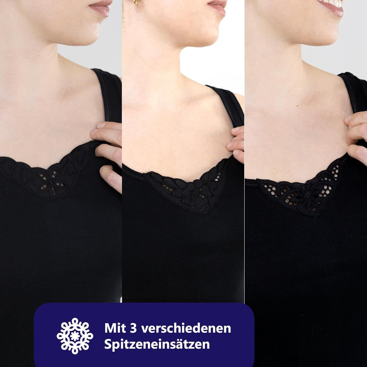 SES Top mit Spitze Damen 3er-Pack 34-52 aus 100% Baumwolle/Damen Unterhemden mit Spitze & weicher Fe