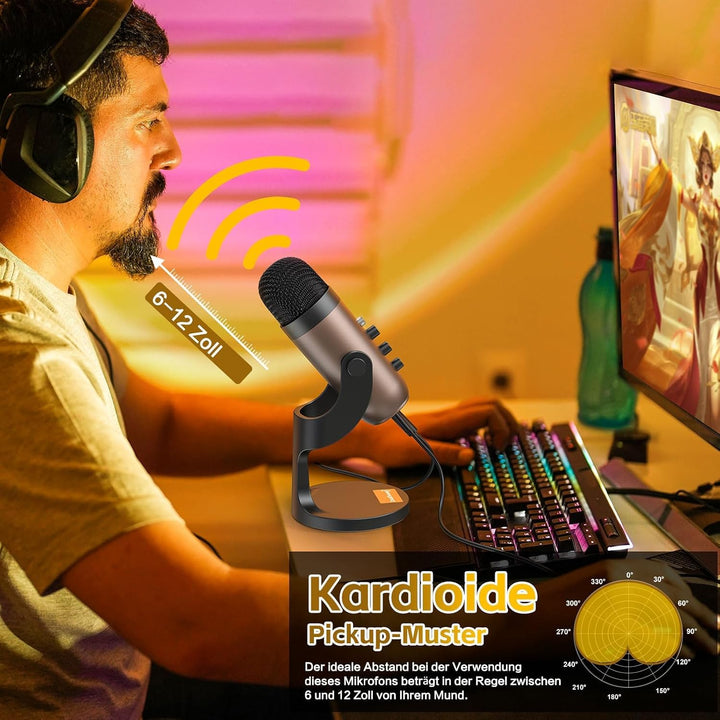 zealsound USB Mikrofon PC, k66 Gold Podcast Mikrofon für PC Handy PS4&amp;5, Kondensator Microphone mit