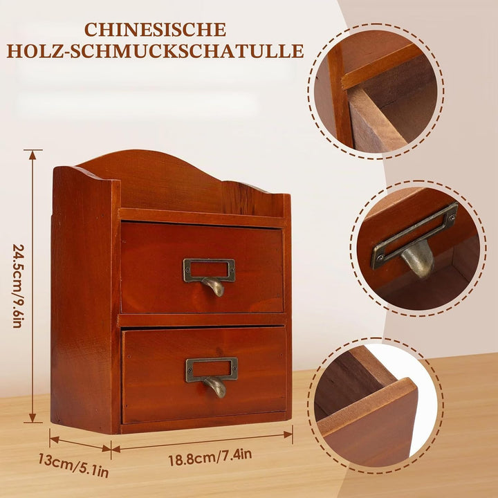 Klein Holz Schubladenschrank, 24.5 x 13 x 18.8cm Massivholz Schmuckschatulle mit 2 Lagiger Schublade