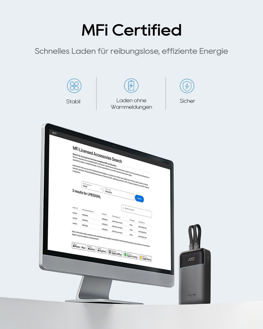 CUKTECH Power Bank 20000mAh 40W Tragbares Ladegerät mit Integriertem USB-C und MFi-zertifiziertem Li
