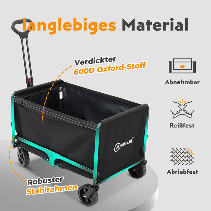 Bollerwagen faltbar 120L Bis 120KG Strandwagen Klappbar mit Regenschutz, Becherhalter, Reflektorstre