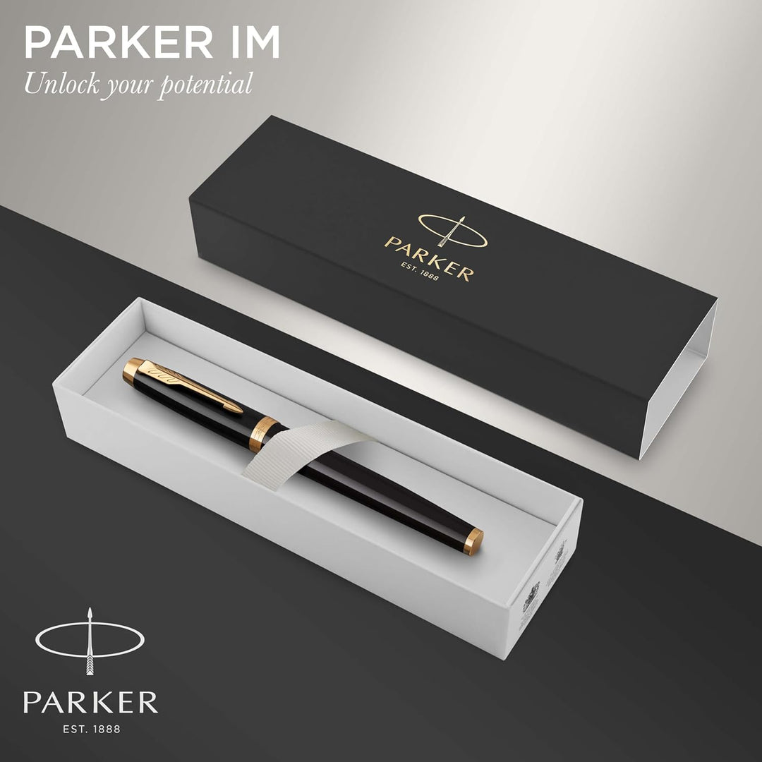 Parker IM Füller | schwarze Lackierung mit Goldzierteilen | Füllfederhalter mit feiner Feder | blaue