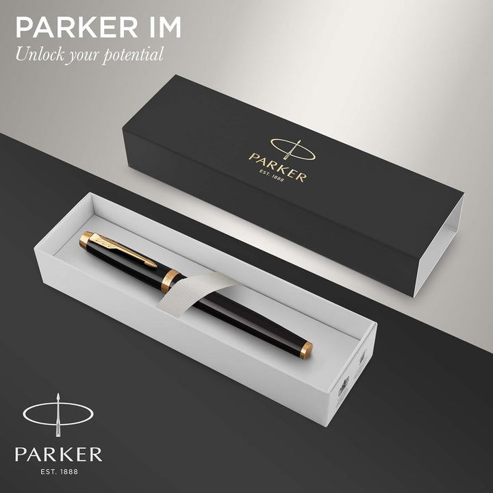 Parker IM Füller | schwarze Lackierung mit Goldzierteilen | Füllfederhalter mit feiner Feder | blaue