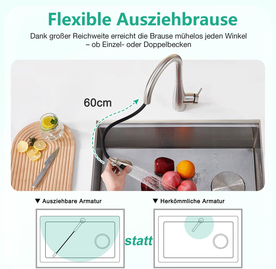 CREA Wasserhahn Armatur Küche Ausziehbar, Küchenarmatur mit Brause 3 Wasserstrahlarten, Hochdruck Ei