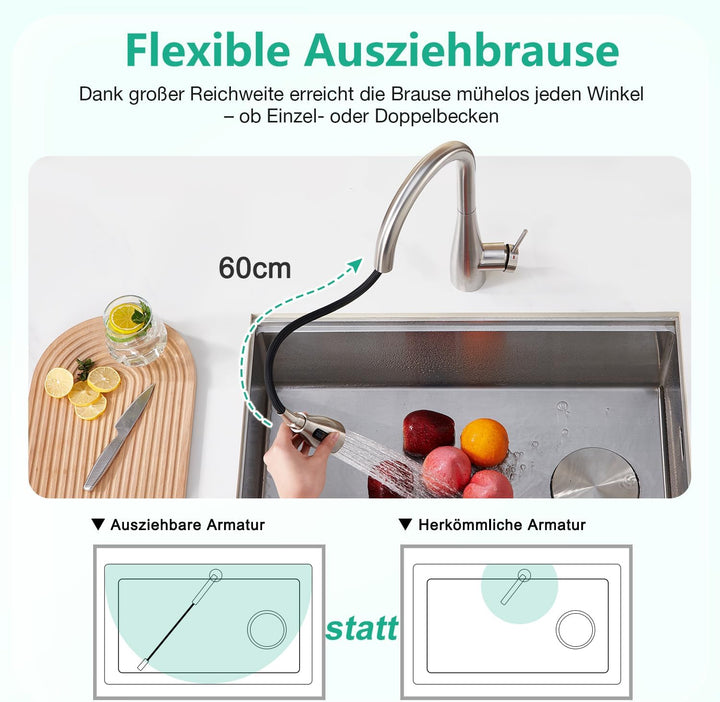 CREA Wasserhahn Armatur Küche Ausziehbar, Küchenarmatur mit Brause 3 Wasserstrahlarten, Hochdruck Ei