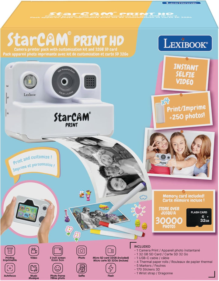 Lexibook, StarCAM Print HD, Kamera mit Sofortdrucker, Foto-, Video-, Selfie-, Musik- und Spielfunkti