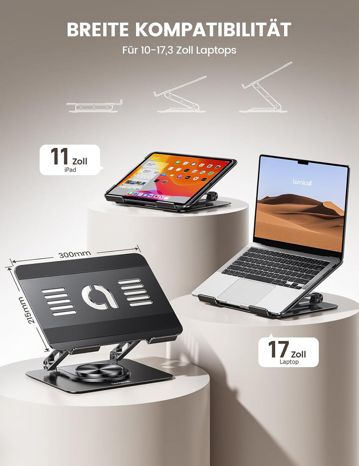Lamicall Laptop Ständer, Verstellbarer Laptopständer - [360° Drehbar] Faltbarer Alu Notebook Ständer