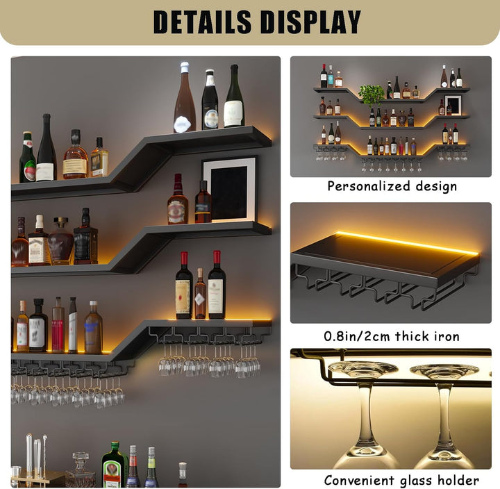 140cm Modernes Wand-Weinregal Mit LED Beleuchtung, Schwebende Barregale mit Glashalter, 3 Ebenen Wan