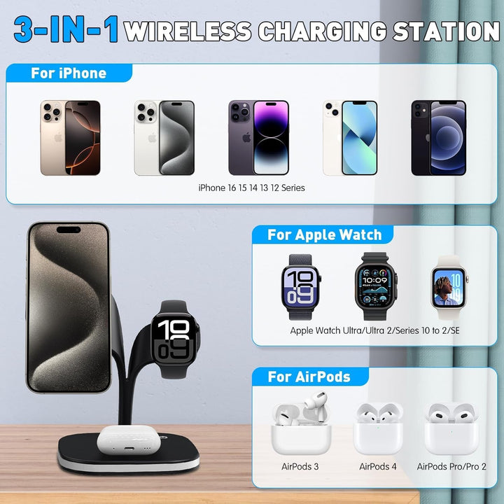 3 in 1 Ladestation Apple Watch und iPhone, Magnetischer Wireless Charger Induktive Ladestation iPhon