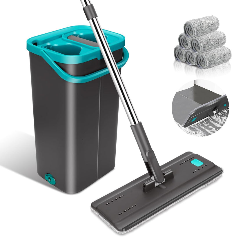 Myiosus Flacher Wischmopp Set mit Eimer, 2 in 1 Putzeimer mit Wischmop mit 144 cm Edelstahlgriff, 6