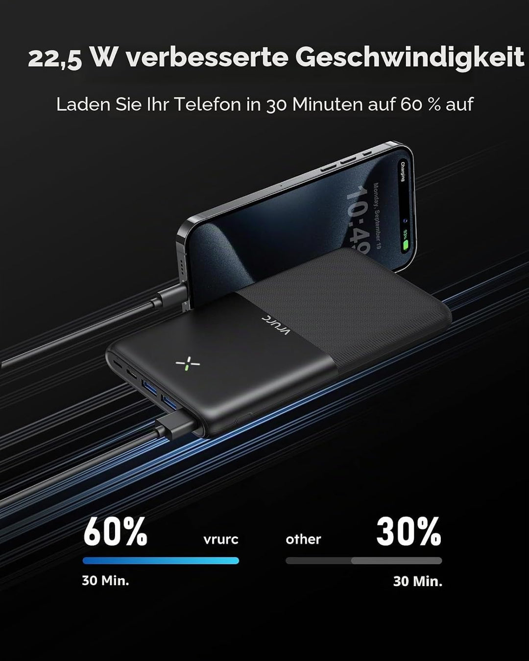 Powerbank 30000 mAh, VRURC 22,5 W Schnellladung tragbares Ladegerät, USB C kompakt Powerbank, PD3.0