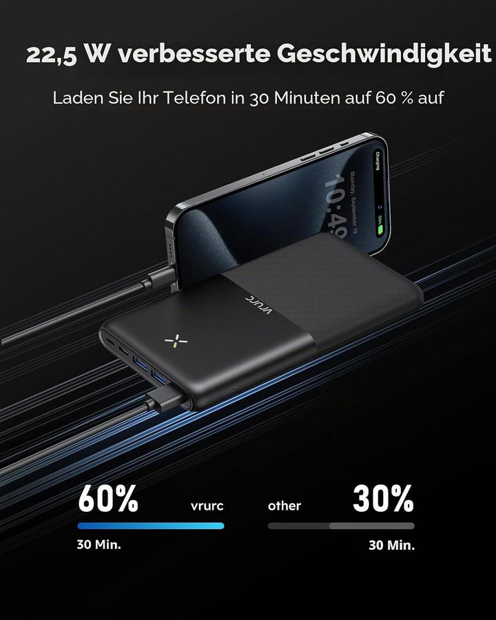 Powerbank 30000 mAh, VRURC 22,5 W Schnellladung tragbares Ladegerät, USB C kompakt Powerbank, PD3.0
