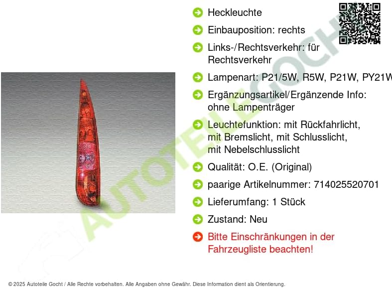 Magneti Marelli 714025520801 Rückleuchten Recht