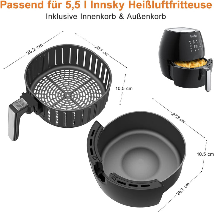 Innsky Heissluftfritteuse Ersatzkorb 5,5 l für Innsky Air Fryer, antihaftbeschichteter Frittierkorb,