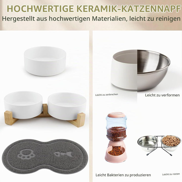Katzennapf, 2 Stück Keramik Futternapf Katze Set, 3-in-1 rutschfeste Katzennäpfe mit Holzstände und